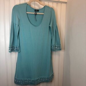 Body Language Aqua Shift Dress W/Bell Sleeve Beaded Detail Trim Sz S Garden Girl